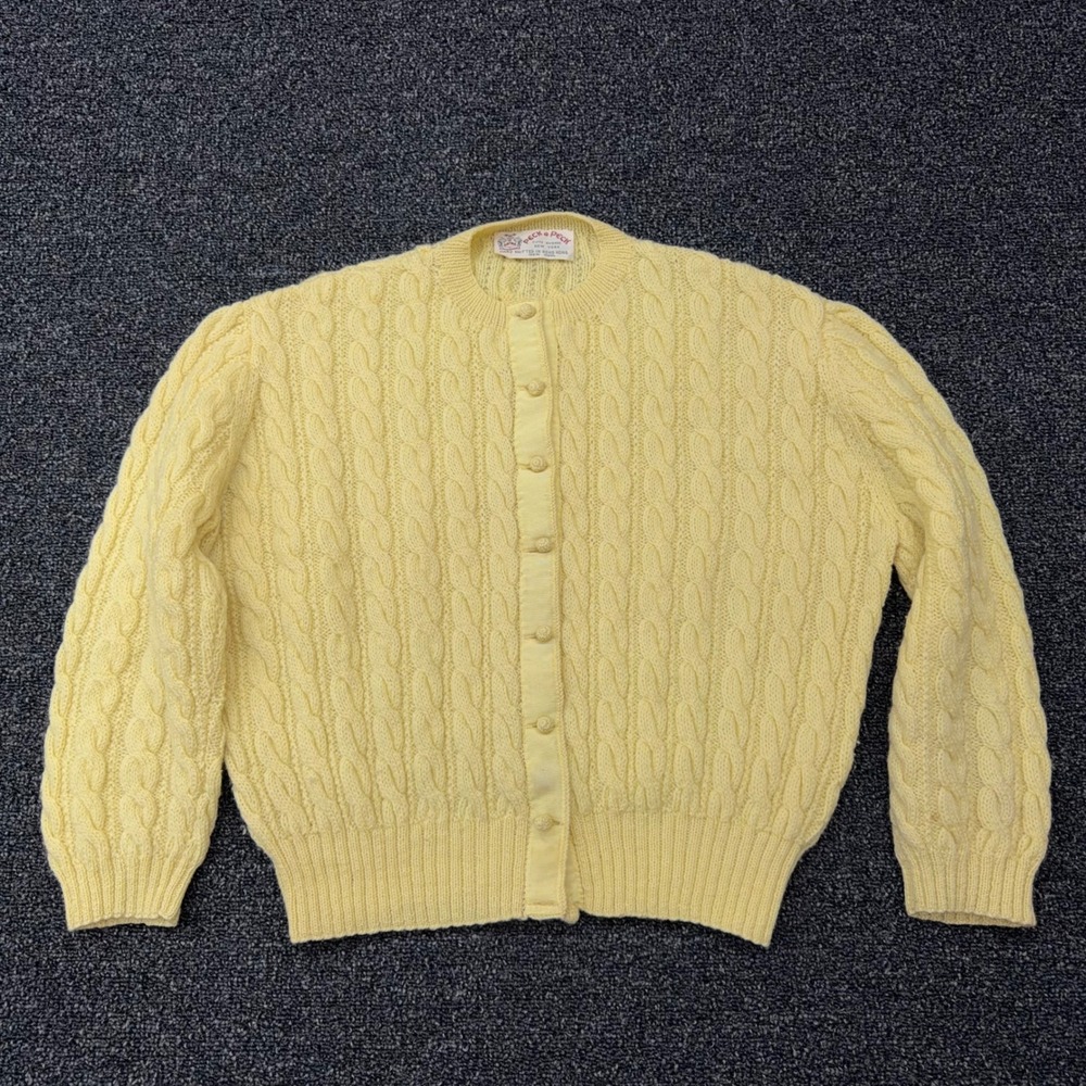Vtg Peck‎ & Peck Butter Yellow Cable Knit Wool Cardigan Sweater Hong Kong Flaw